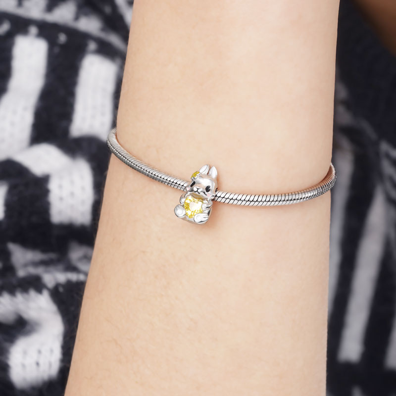 Cute Rabbit Embraces Heart Gemstone Charm Bead 925 Sterling Silver with Yellow & Pink Enamels_4