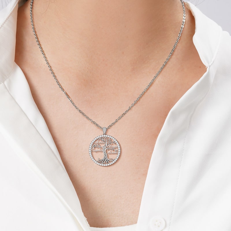 Custom Halo Tree of Life Multi-name Necklace Sterling silver_10