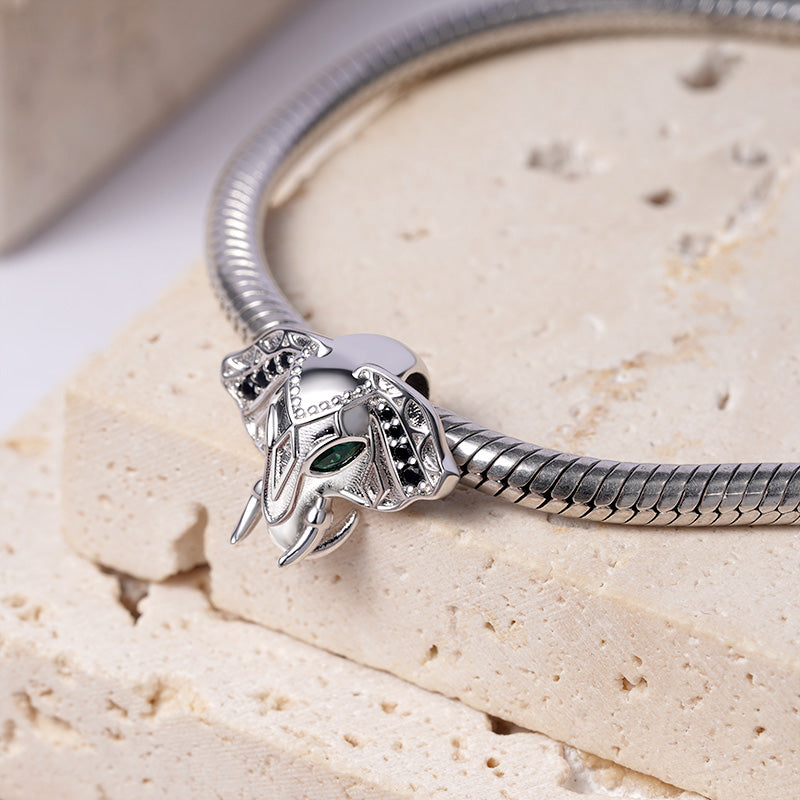 Elephant Charm Bead 925 Sterling Silver Inlaid with Black Stones and Green Zircon Eyes_2