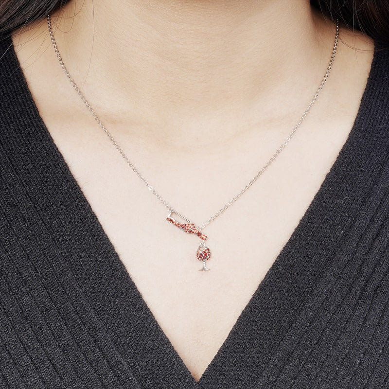 Wine Bottle Pouring Glass Cup Necklace Copper Inlaid with Orange Gemstones_4