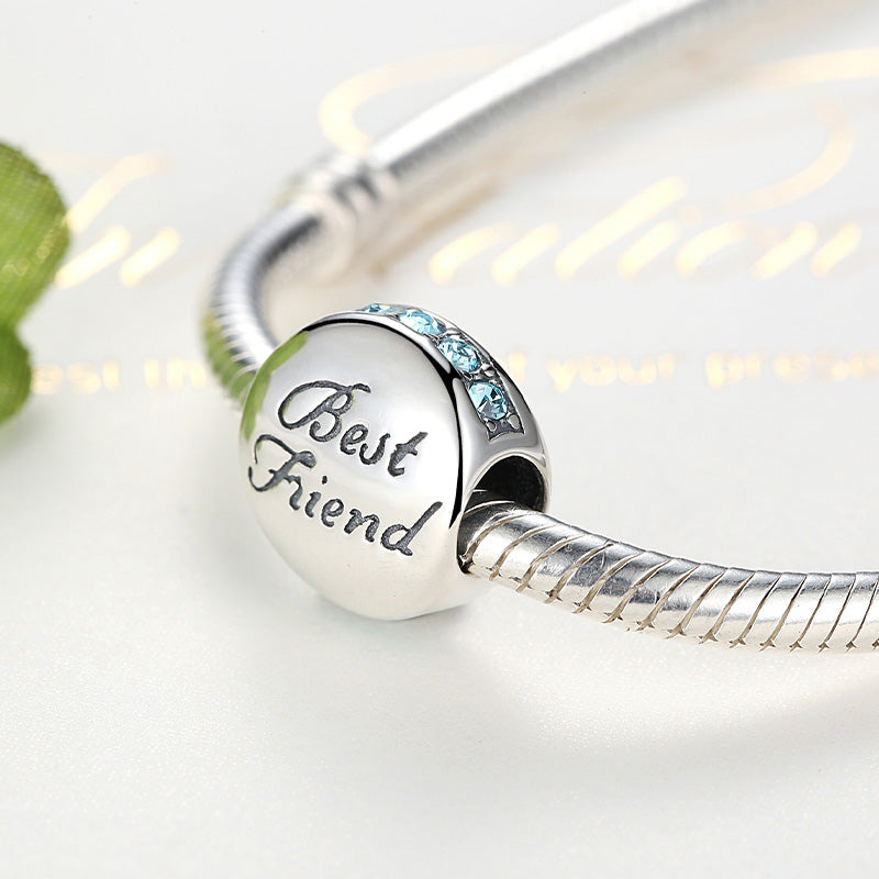 "Best Friend" Charm Bead 925 Sterling Silver Inlaid with Blue Gemstones_2