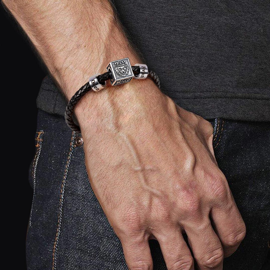 Lion Kingdom Vintage Bead & Customized Classic Beads S925 Sterling Silver with Gift Copper Black Leather Men's Bracelet Jewelry for Men_5