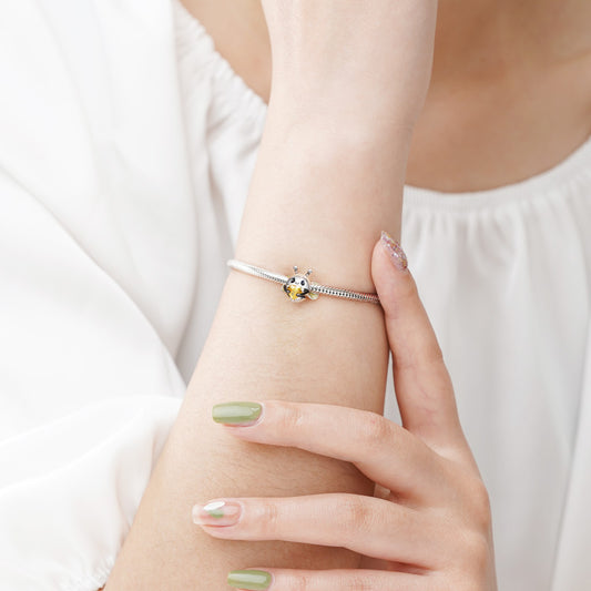 Bee Embraces Heart Gemstone Charm Bead 925 Sterling Silver with Yellow Glitter Enamels_3