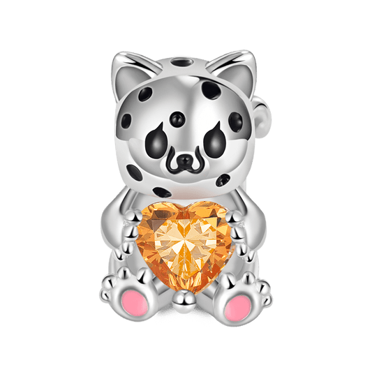 Little Leopard Embraces Heart Gemstone Charm Bead 925 Sterling Silver with Black Enamels_1