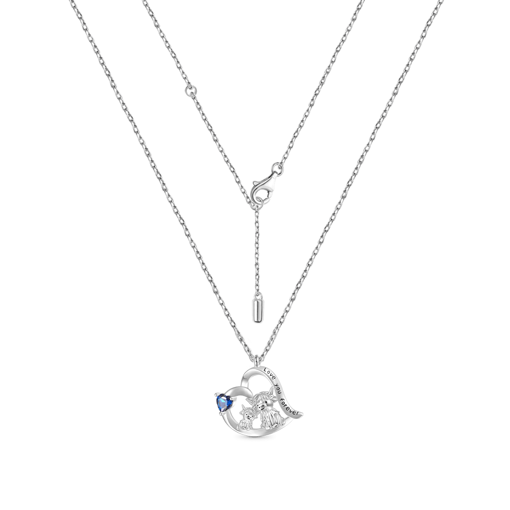 Gnoce Highland Cow Mother Child Heart Birthstone Necklace_2