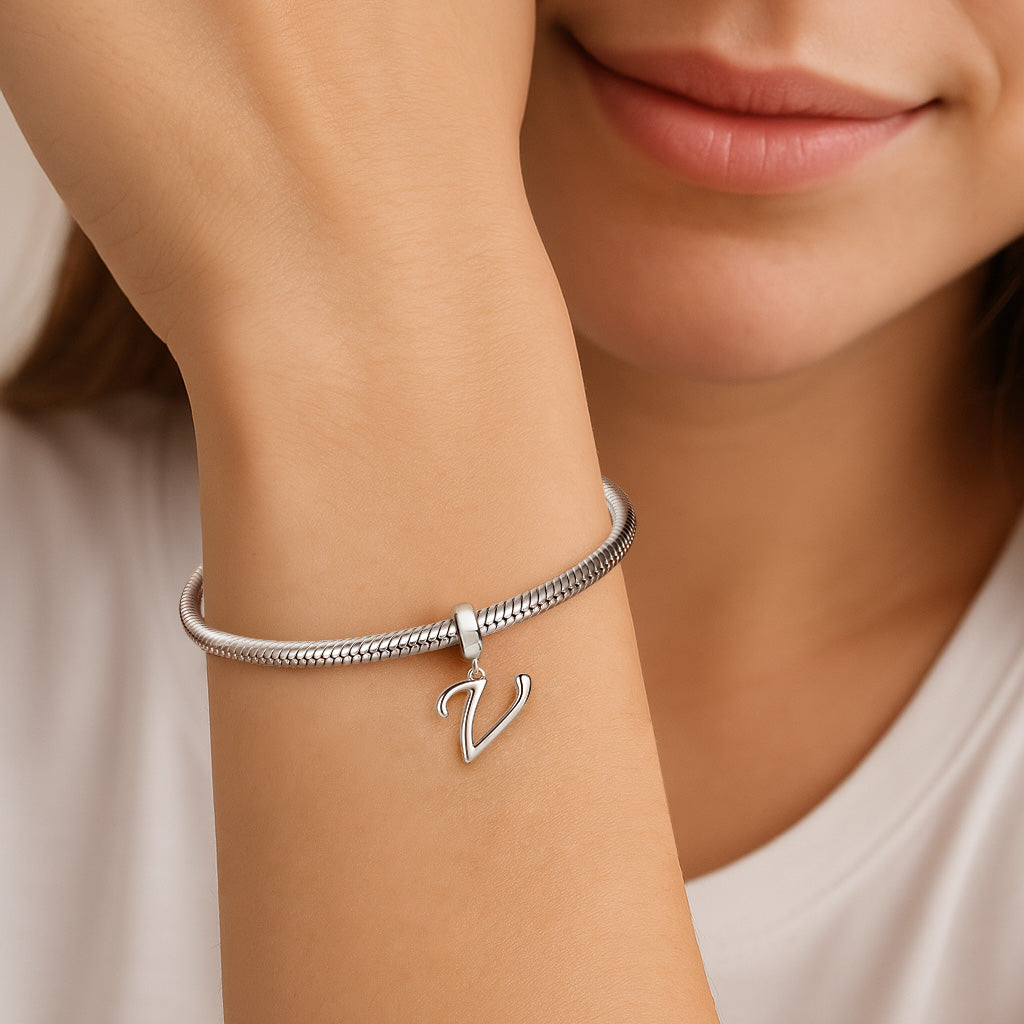 Gnoce "The Vow"  Letter V 925 Sterling Silver Dangling Charm Great for Bracelet, Choker, Necklace_3