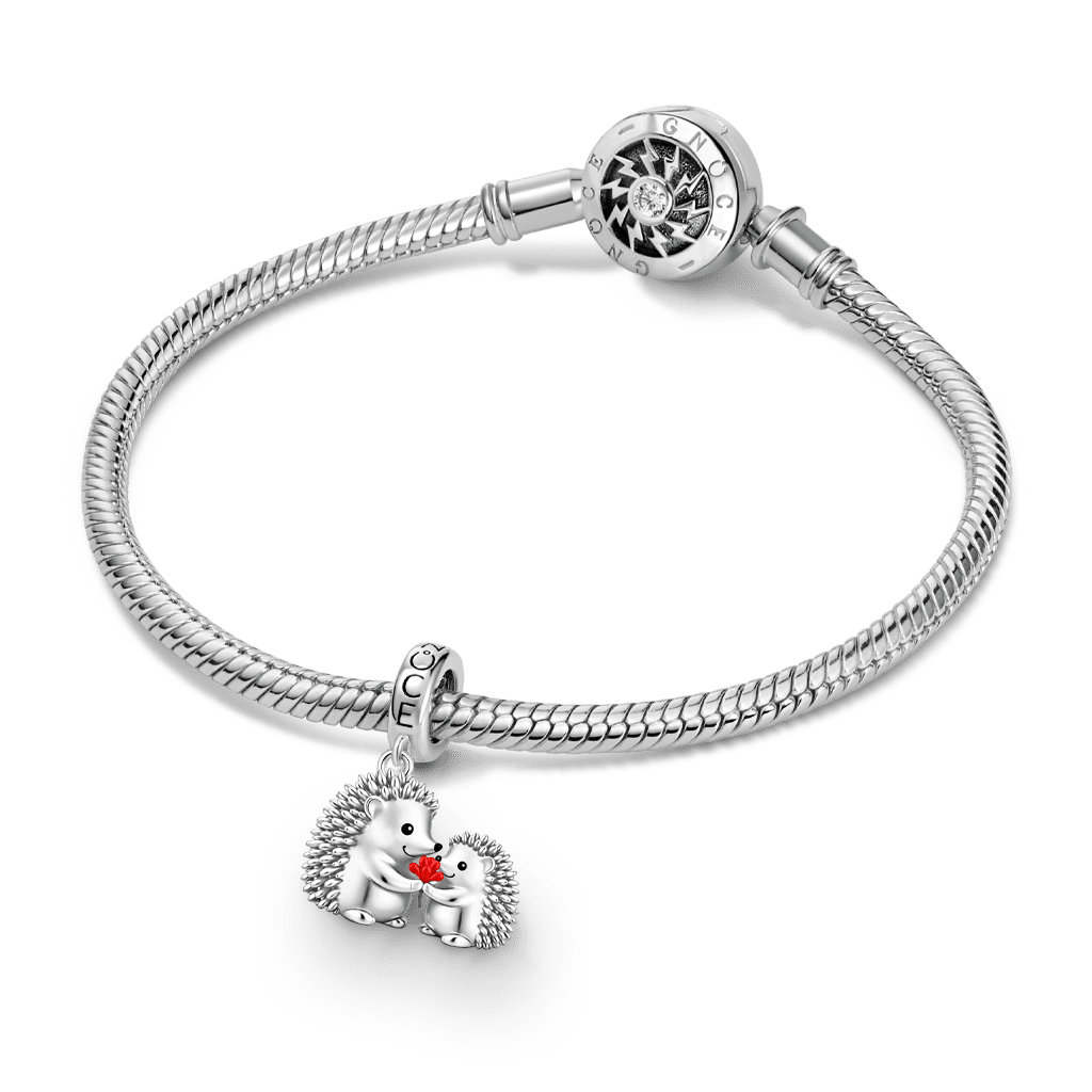 Gnoce Hedgehog Mother & Child Holding Carnation Pendant Dangle Charm_3