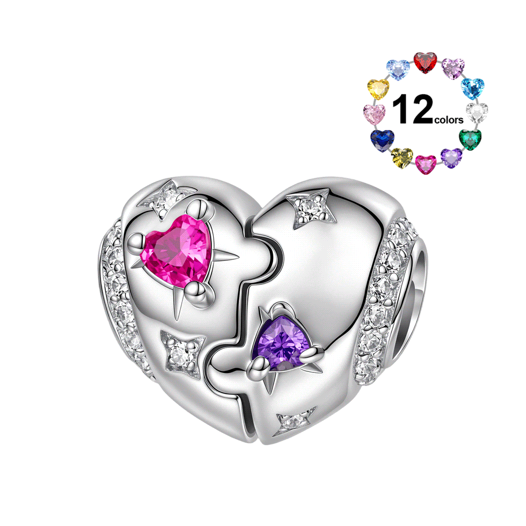 Gnoce Heart-shaped Puzzle Birthstone Charm Platinum-plated Silver Blend_1